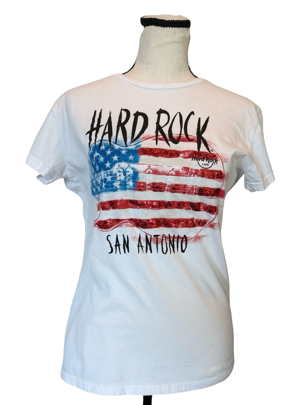 Hard Rock Cafe San Antonio Sequin American Flag Tee Women’s Large 100% Cotton